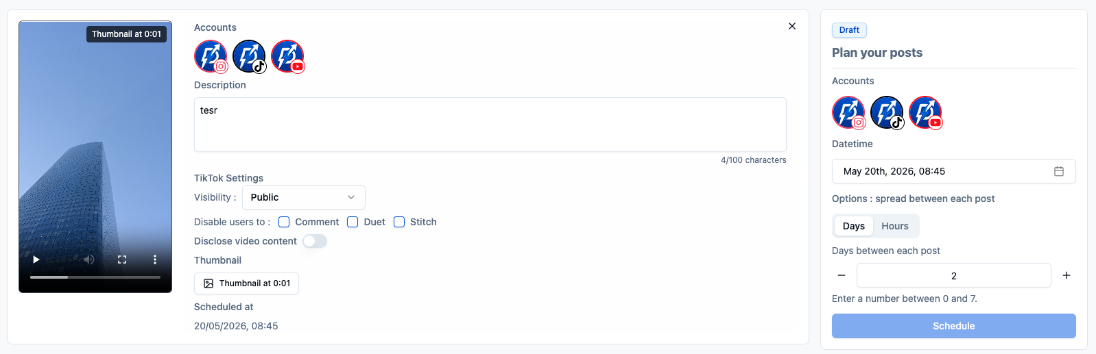 Postbolt post editor showing video upload and account selection for TikTok and YouTube